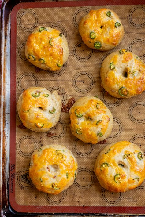 Chewy and flavorful sourdough bagels using only freshly milled flour! This bagel recipe is loaded with savory bacon, cheddar cheese, and jalapeno pieces. It isn't too spicy and makes the most delish and wholesome bagel for ham sandwiches! Even kids rave about how good these are! I share how easy it is to make these Jalapeno cheddar bagels with my step-by-step tutorial! Jalapeño Cheddar Sourdough Bagels, Jalapeno Cheddar Sourdough Bagels, Jalapeno Bagels, Cheddar Bagels, Savory Bacon, Sourdough Bagels, Ham Sandwiches, Jalapeno Cheddar, Bagel Recipe