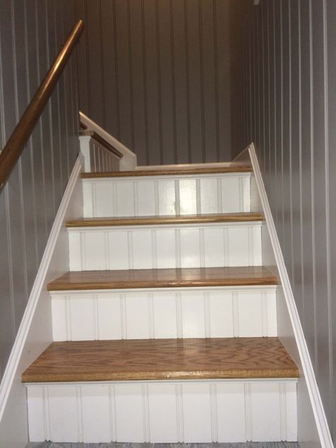 American Beadboard Gallery Bead Board Stairs, Stair Wall Beading, Bead Board Stairwell, Bead Board Stair Risers, Beadboard Installation, Ceiling Beadboard, Staircase Ceiling, Painted Beadboard, Beadboard Kitchen