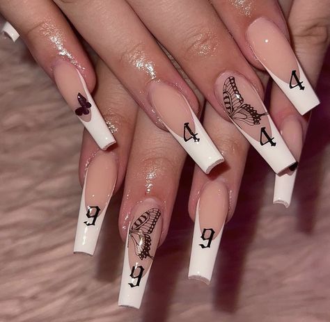 Acrylic Nails With White, Medium Length Acrylic Nails, Nails With White French, White French Tips, Nails With White, Butterflies Design, White French Tip, White French, French Tips