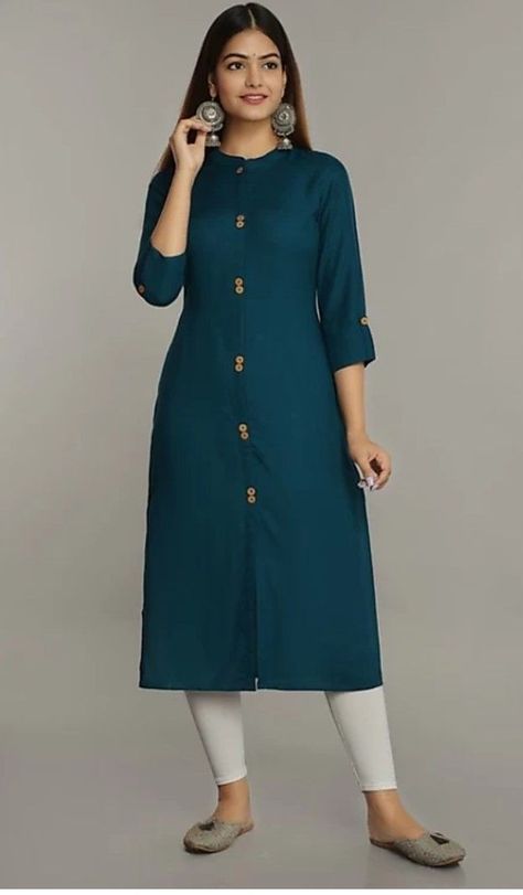 Plain Blue Kurti Designs, Rayon Kurta Designs Women, Dark Blue Kurta Women, Solid Kurti Designs Latest, Formal Kurtas For Women, Solid Kurta Designs, Plain Kurta Design, Plain Kurta Designs For Women, Rayon Kurtis Design