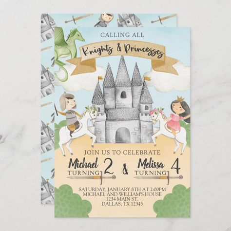 Princess And Knights Birthday Party, Prince And Princess Birthday Party, Princess And Knight Birthday Party, Knight And Princess, Knight Princess, Knight Birthday Party, Princess Birthday Party Invitations, Prince Birthday Party, Dragon Birthday Parties