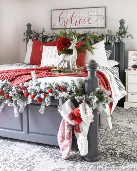 Red And White Christmas Bedding, Red And White Christmas Bedroom, Christmas Beds, Christmas Bedrooms, Christmas Bed, Christmas Studio, Christmas Styles, Holiday Finds, At Home Decor