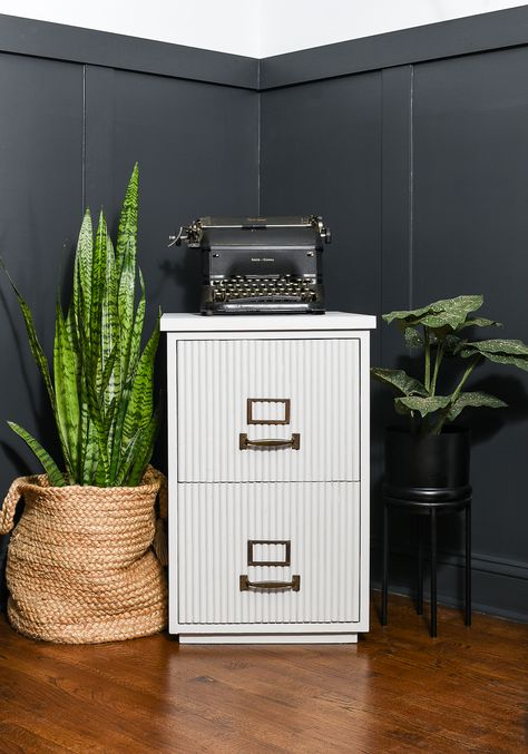 Filing Cabinet Side Table, Filing Cabinet Decor, Redo Filing Cabinet Diy, Redone Filing Cabinet, Wallpaper On Filing Cabinet, Cute File Cabinet, File Cabinet Side Table, Wooden Filing Cabinet Makeover, Wood Filing Cabinet Makeover