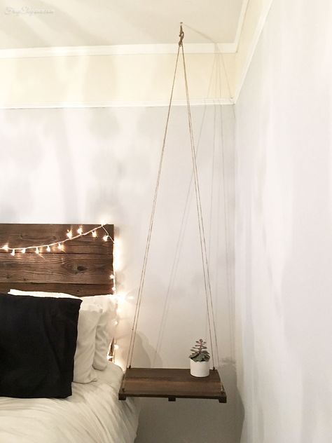 Hanging Side Table, Hanging Nightstand, Floating Side Table, Simple Headboard, Bedroom Rustic, Rustic Basement, Rustic Headboard, Diy Furniture Bedroom, Diy Bedroom