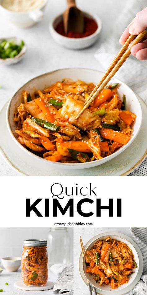 This Quick Kimchi is a small-batch version, an easy way to learn how to make kimchi. Serve this traditional Korean recipe as a salty, sour, spicy side at dinner - or use it to make some delicious kimchi fried rice! Small Batch Kimchi Recipe, Quick Kimchi Recipe, Spicy Kimchi Recipe, Kimchi Dishes, Easy Korean Food, Korean Kimchi Recipe, Easy Kimchi Recipe, Korean Food Kimchi, Quick Kimchi