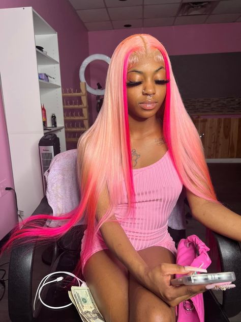 Pink Wig Install Styles, Pink Sew In With Leave Out, Pink Side Part Frontal, Colored Wig Installs, Pink Wig Hairstyles, Blonde With Pink Highlights, Model Needed, Glamour Hair, 13x4 Lace Front Wig