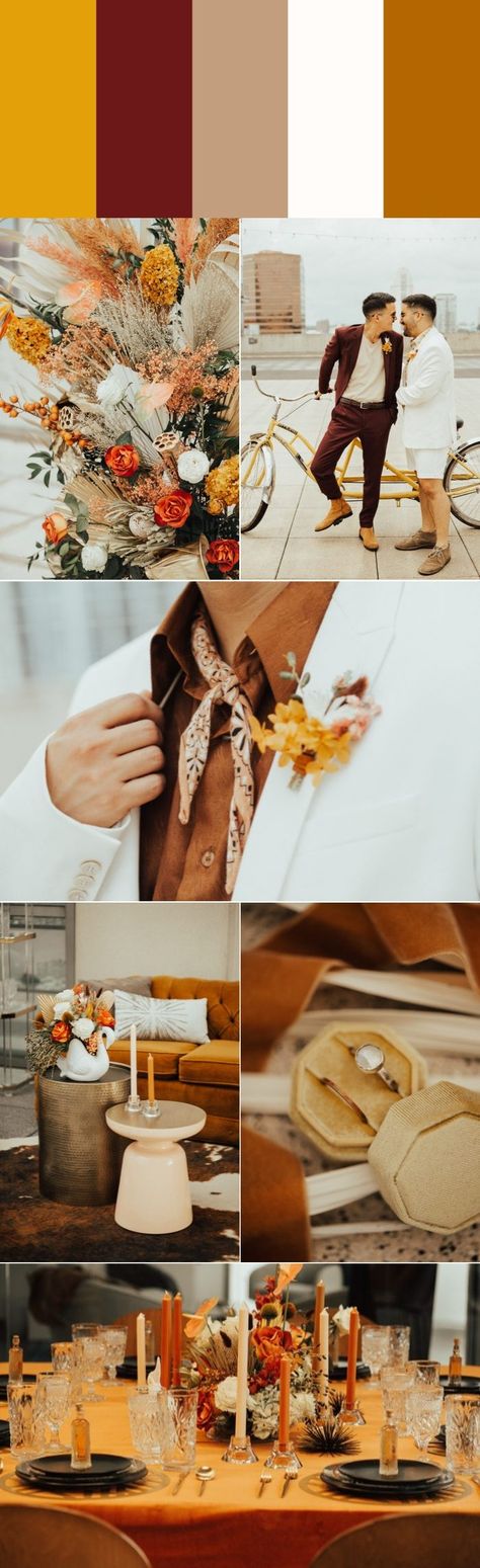 Bright Mustard, Burgundy, Cloud White & Terracotta color palette | Image by Eleanor & Pete Fall Wedding Color Pallets, Wedding Color Pallets, Theia Bridal, Mustard Wedding, Wedding Color Palettes, Fall Wedding Color Palette, Fall Bridesmaids, Wedding Color Trends, Terracotta Color