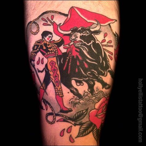 Bullfighter Tattoo, Ox Traditional Tattoo, Matador Tattoo Ideas, Traditional Bull Rider Tattoo, Matador Tattoo, Bull And Matador Tattoo, Traditional Bull Tattoo, American Traditional Luchador Tattoo, Sailor Jerry Flash