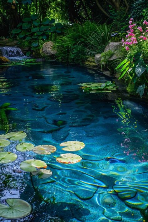 How To Make Your Pond Water Blue - Water Garden Advice Blue Pond Aesthetic, Lily Pad Pond Aesthetic, Pond Reference, House In Water, Clear Pond Water, Magical Pond, Pond Inspiration, Garden With Pond, Pond Scenery