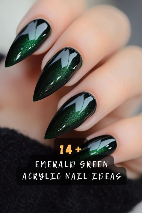 Elevate your manicure game with these 14 emerald green acrylic nail ideas! From glitter details to sleek matte finishes, find your perfect look. Click now! 💅✨💚 #GreenNails #AcrylicNailIdeas #EmeraldGreenNails #NailArtInspo #ChicManicure #NailDesigns #StylishNails Emerald Green Celestial Nails, Christmas French Tips Green, Black And Green Matte Nails, Cat Eye Nails Green Black, Emerald Green Oval Nails, Dark Green And Black Nails Short, Hunter Green Almond Nails, Black And Green Acrylics, Deep Green Nails Acrylic