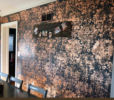 Queenstown and Copper Leaf Wall | General Finishes Design Center Half Bath Accent Wall, Damask Stencil Patterns, Damask Wall Stencils, Glazed Kitchen Cabinets, Bed Drapes, Damask Wall, Damask Stencil, Stencil Fabric, General Finishes