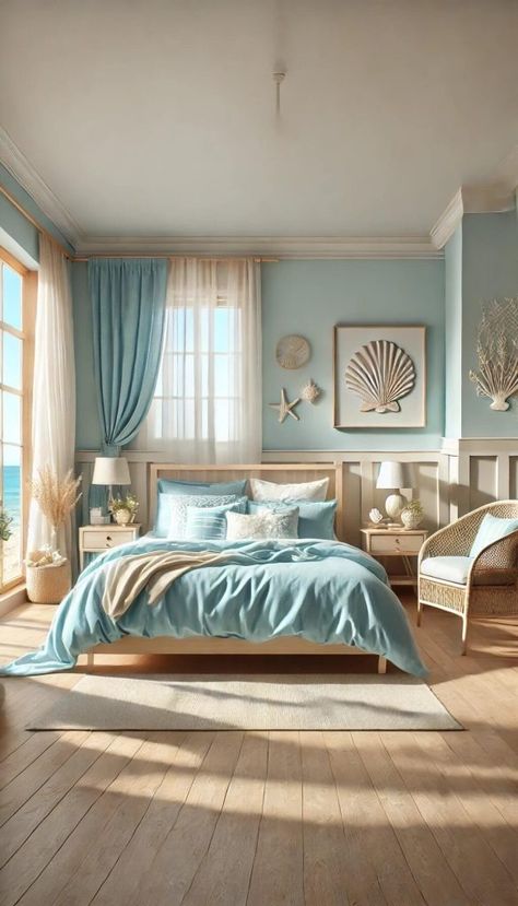 15+ Amazing Sheet Colors for Beige Comforters That Impress 38 Ocean Baby Room, Coastal Bedroom Colors, Ocean Baby Rooms, Ocean Kids Room, Baby Blue Bedrooms, Modern Coastal Bedroom Ideas, Wallpaper Snoopy, Costal Bedroom, Ocean Room Decor