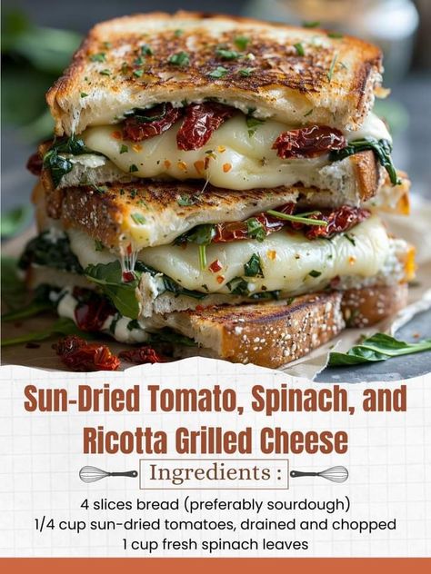 Grilled Cheese Spinach, Sundried Tomato Spinach And Ricotta Grilled Cheese, Spinach Grilled Cheese Sandwich, Sun Dried Tomato Spinach Grilled Cheese, Sun Dried Tomato Avocado Grilled Cheese, Spinach Tomato Mozzarella Sandwich, Spinach Pesto Grilled Cheese, Grilled Cheese Recipes Gourmet, Spinach Ricotta