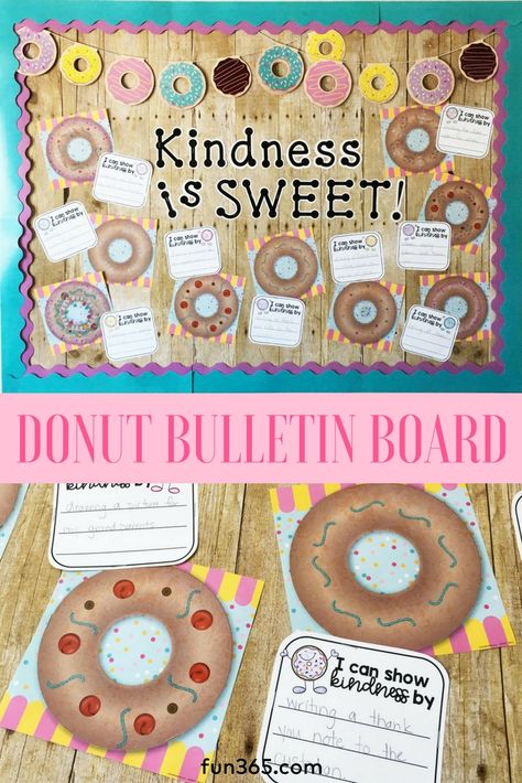 Donut Kindness Bulletin Board, Kindness Challenge Bulletin Board, Kindness Is Sweet Bulletin Board, Kindness Month Bulletin Board, Sprinkle Kindness Donut Craft, Kindness Bulletin Board Middle School, Sweet Bulletin Board Ideas, Sprinkle Kindness Bulletin Board, Spread Kindness Like Confetti