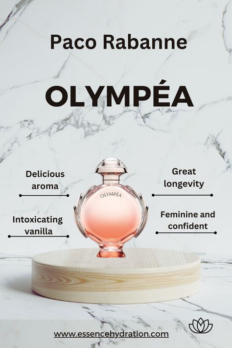 Olympéa by Paco Rabanne is a Amber Floral fragrance for women. Olympéa was launched in 2015. Olympéa was created by Loc Dong, Anne Flipo and Dominique Ropion. Top notes are Water Jasmine, Green Mandarin and Ginger flower; middle notes are Vanilla and Salt; base notes are Ambergris, Cashmere Wood and Sandalwood. Paco Rabanne Olympea, Paco Rabanne Perfume, Perfume Aesthetic, Fragrance Blends, Floral Notes, Paco Rabanne, Vanilla, Fragrance, Confidence