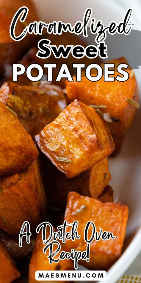 Looking for healthy and easy sweet potato recipes? Check out these Dutch Oven Sweet Potatoes! With a caramelized flavor and crispy texture, this Sweet Potato Side Dish is one of our favorite vegetable side dishes! Try it out today! #sweetpotatorecipes #sweetpotatoes #sweetpotatosidedish #vegetablesidedishes Sweet Potato Crockpot Recipes Thanksgiving, Carmalized Sweet Potatoes, Easy Canned Sweet Potato Recipes, Flower Child Sweet Potato Recipes, Dutch Oven Sweet Potatoes, What To Do With Sweet Potatoes Ideas, Caramelized Sweet Potatoes, Sweet Potato Recipes Canned Yams, White Sweet Potatoes Recipes