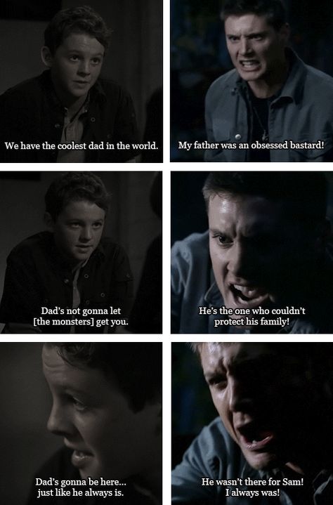 I love this because it just shows that Dean's number one priority was always ALWAYS to take care of Sammy. In the first set he's trying to comfort young Sam and make him feel better, and the second set you see how much it really cost him to be the one who did that. Sammy Supernatural, Supernatural Christmas, Spn Fandom, Emmanuelle Vaugier, Impala 67, 1967 Chevrolet Impala, John Winchester, Sam Dean, Winchester Boys