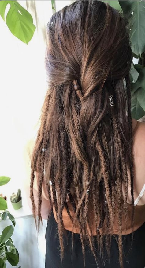 Hair With A Few Dreads, Few Dreads In Hair, Underneath Dreadlocks, Dreadlocks Underneath, Braids Underneath Hair, Brunette Dreadlocks, Dreads Underneath Hair, Peekaboo Dreads, Partial Dreads Placement