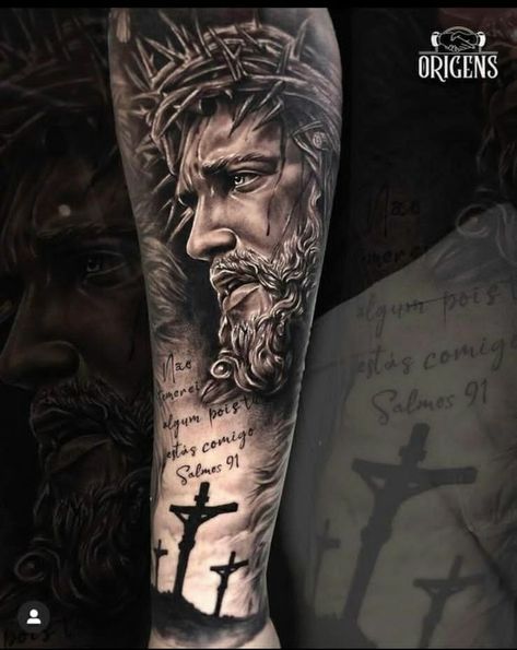 Jesus Tattoo On Arm, Jesus Forearm Tattoo, Jesus Tattoo Sleeve, Religious Tattoo Sleeves, Christus Tattoo, Tattoo Bras Homme, Jesus Tattoo Design, Tato Salib, Small Mandala