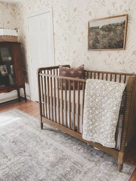 #ikeanursery #nurseryideas #babygirlroom Wooden Convertible Crib, Honey Oak Nursery, Magnolia Home Nursery, Oak Crib Nursery Ideas, Vintage Chic Nursery, Vintage Rug Nursery, Antique Style Nursery, Traditional Style Nursery, Vintage Twin Nursery