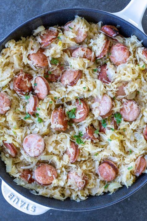 Classic Kielbasa and Sauerkraut (One-Pan Meal) - Momsdish Food With Sauerkraut, Sour Krout And Kielbasa, Sour Crout And Kielbasa, Meals With Sourkrout, Sour Krout And Sausage, Sourkrout And Kielbasa Recipe, Saurkraut And Ground Beef Recipes, Sour Kraut And Kielbasa, Saurkraut And Kielbasa Recipes