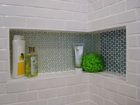 Accent Tile Bathroom, Corner Niche, Tile Shower Niche, Bathroom Niche, Mid Century Modern Bathroom, Mid Century Ranch, Mid Century Bathroom, Modern Renovation, Penny Tile