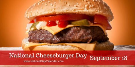 National Cheeseburger Day September 18 ~ America’s favorite sandwich is honored on September 18th with a slice of cheese.  It’s National Cheeseburger day! There are many theories to the beginning of the cheeseburger dating back to the 1920s.  One story suggests that Lionel Sternberger is reputed to have invented the cheeseburger in 1926 while working at his father’s Pasadena, California sandwich shop, The Rite Spot.  During an experiment, he dropped a slice of American cheese on a sizzling hamb California Sandwich, American Hamburger, Air Force Birthday, National Cheeseburger Day, Cooking Websites, Slice Of Cheese, National Day Calendar, Burger Dogs, Day Calendar