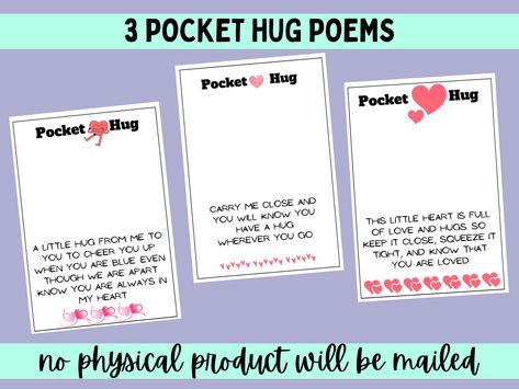 The pocket hug is a cute little crochet heart that makes a really great gift! If you don't already crochet these hearts, consider adding them to your crochet vendor setup. Also check out my listings for the emotional support pickles, the positive potatoes, and the joyful jellyfish! This is a three-page PDF file with 9 pocket hug cards on each page. Each page has a different poem on the cards on that page. Simply cut the cards out and print as many times as you like. Best if printed on card stock but can use regular paper as well. Pocket Hugs Crochet Pattern, Pocket Hearts Free Pattern, Pocket Hugs Poem, Pocket Hearts Poem, Diy Pocket Hug, Pocket Hug Poem Printable Free, Crochet Pocket Hug, Pocket Hug Poem, Vendor Setup