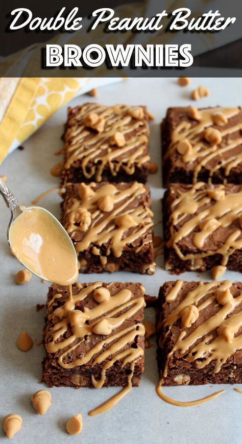 These Double Peanut Butter Brownies are rich and chewy, sweet and salty in every single bite, loaded with peanut butter chips and peanut butter drizzle. | wildwildwhisk.com #brownies #peanutbutter #peanutbutterchip Peanut Butter Brownies Box Recipes, Peanut Butter Drizzle, Paris Bakery, Butter Brownies, Potluck Desserts, Lost 100 Pounds, Peanut Butter Brownies, Bar Recipes, Peanut Butter Chips