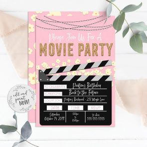 Movie Night Party Decorations, Movie Ticket Invitations, Movie Night Invitations, Movie Invitation, Movie Night Birthday Party, Pink Movies, Movie Birthday Party, Movie Ticket, Movie Night Party