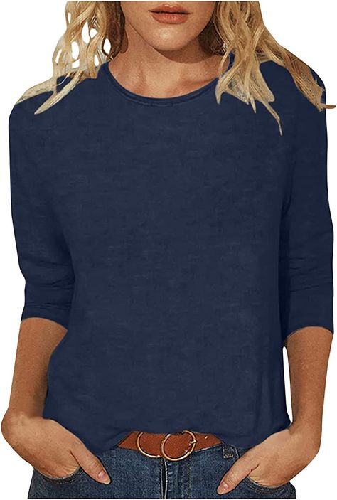 3/4 Length Sleeve Womens Tops Casual Shirts for Women Trendy Floral Printed T Shirts Round Neck Pullover Blouses T Shirt at Amazon Women’s Clothing store Affordable Casual Solid Long Sleeve Top, Cheap Casual Crew Neck Top, Cheap Crew Neck Tops For Daywear, Classic Relaxed Fit Tops At Cheap Price, Cheap Women's Dark Wash Tops, Affordable Casual Tops For Party Season, Chic Dark Wash Tops At Cheap Price, Cheap Crew Neck Tops For Relaxation, Cheap Relaxed Tops For Everyday Wear