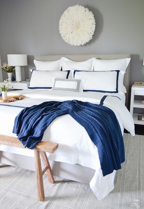 Transitional Modern (with a pinch of boho) Bedroom Reveal | ZDesign At Home Navy And White Bedroom, Transitional Boho, Modern Boho Bedroom, Modern Bedding, Bedding Quilt, Bedroom Reveal, Transitional Bedroom, White Linen Bedding, Perfect Bedding