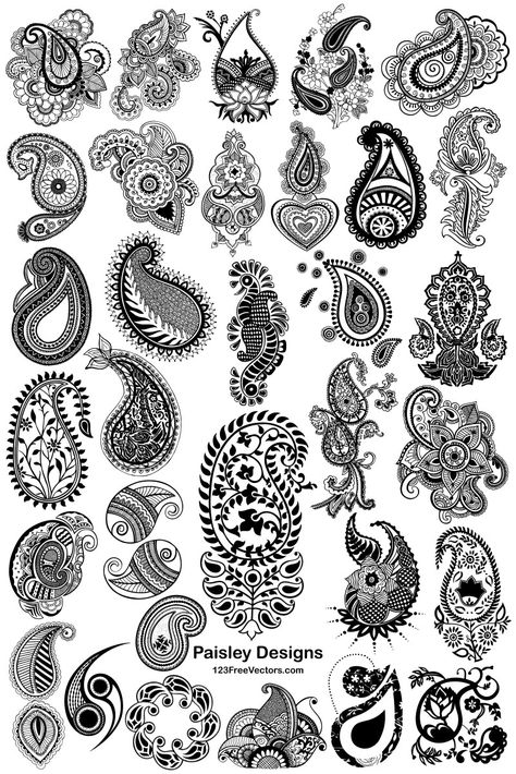 32 Hand Drawn Paisley Designs Vector Pack Paisley Henna Designs, Easy Paisley Pattern Simple, Simple Paisley Pattern, Paisley Design Drawing, Paisley Clipart, Paisley Pattern Tattoo, Vector Motifs, Paisley Design Pattern, Paisley Tattoo Design