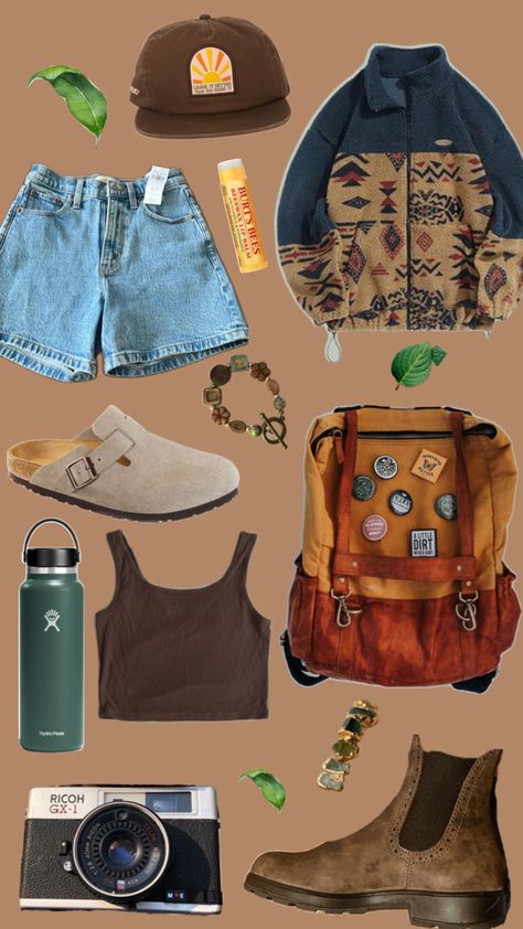 Brown background with Jean shorts, brown flat bill hat, Burt’s bees chapstick, beaded jewelry, backpack with pins, blinds gone boots, hydro flask, vintage camera, Birkenstock clogs, and brown tank top. Gives Granola Girl Aesthetic Crunchy Outfits, Camping Aesthetic Outfits, Granola Girl Aesthetic Outfits, Outdoorsy Outfits, Granola Girl Outfits, Granola Outfits, Summer Camp Aesthetic, Granola Style, Outdoorsy Girl