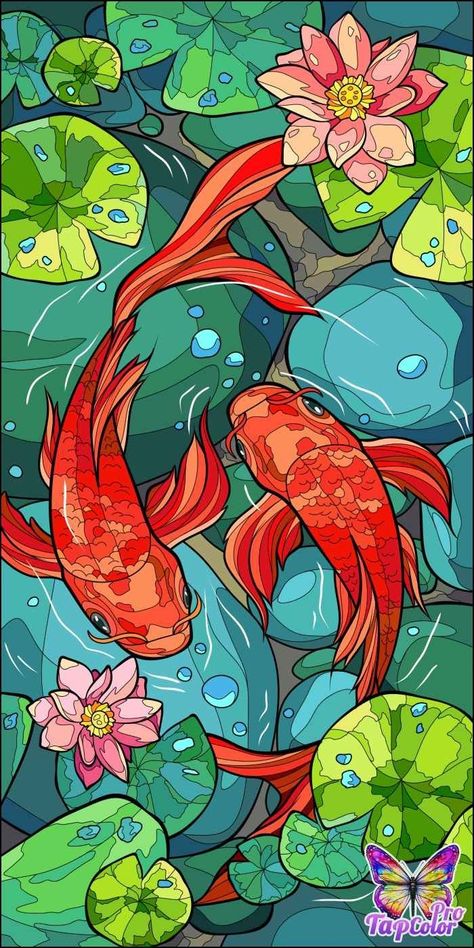 Japanese Cartoon Art Anime Style, Digital Art Poster Illustrations, Koi Fish Painting Watercolors, Pop Art Japanese, Stainglass Patterns, Koi Fish Illustration, Koi Wallpaper, Karp Koi, Koi Fish Drawing