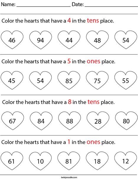 Place Value- Color the Hearts Math Worksheet - Twisty Noodle Maths Worksheets Grade 2 Place Value, Place Value Grade 1 Worksheet, Place Value Worksheets 4 Digits, Teaching Ones And Tens Place Values, Place Value 3 Digit Numbers Worksheets, Reasoning Activities, English Poems For Kids, Ks1 Maths, Learning Websites For Kids