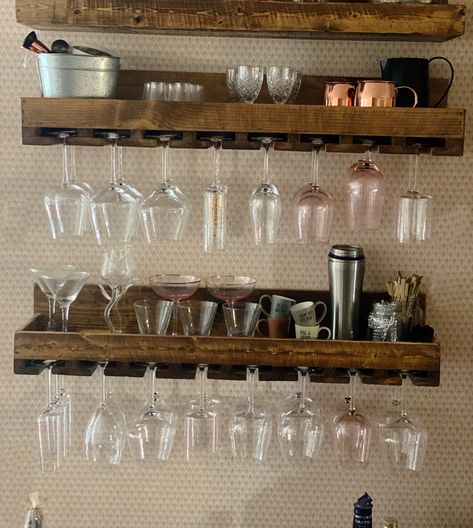 Rustic Floating Bar Shelf With Wine Glass Rack reclaimed Wood - Etsy Australia Floating Bar Shelves, Home Bar Storage, Mexican Aesthetic, Modern And Rustic Decor, Wine Glass Shelf, Deep Shelf, Kitchen Revamp, Wine Glass Storage, Wine Shelf