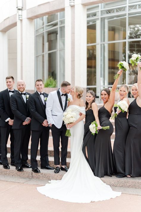 Bluegrass Chic | Modern Black and White Wedding at Dr. Phillips Center Bridal Party Formal Black And White Wedding, Classic Wedding Party Attire, Black And White Wedding Party Attire, Black And White Tuxedo Wedding Groomsmen, Black Wedding Party Attire Color Schemes, White And Black Tuxedo Wedding, Black And White Wedding Bridal Party, Black And White Wedding Groomsmen, Black And White Groomsmen Attire