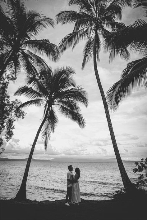 Black and white photo of bride and groom in Little Cove Port Douglas, framed by palm trees with ocean in background Palm Cove Wedding, Beach Wedding Pics, Disney Cruise Wedding, Palm Tree Pictures, Punta Cana Wedding, Unique Destination Wedding, Unique Wedding Photography, Cruise Wedding, Destination Wedding Photos