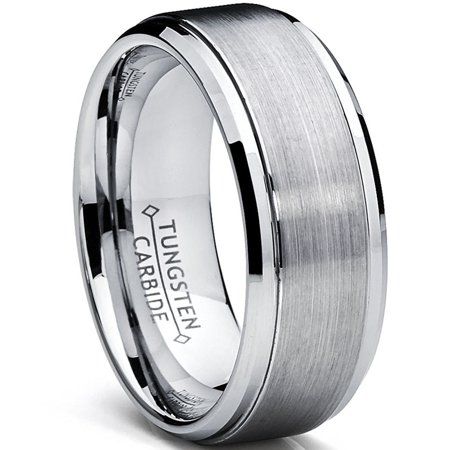 Add some class to your look with this silver-tone men's tungsten ring. Featuring a sleek raised brushed finish and an 9MM comfort-fit band, making it an exceptionally beautiful wedding or engagement ring. Scratch-proof, forever keeps its shine. Tungsten rings are ranked second hardest next to diamond. Cobalt-free and hypoallergenic: will not discolor or turn fingers green. Can be laser engraved, but not hand engraved. Measures in width: 9 millimeters. Comes with complimentary ring gift box. Size Titanium Rings For Men, Mens Wedding Bands Tungsten, Black Tungsten Rings, Tungsten Carbide Wedding Bands, Tungsten Mens Rings, Ring Wedding Band, Tungsten Carbide Rings, Tungsten Wedding Bands, Tungsten Ring