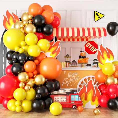 PRICES MAY VARY. ❣️【Elegant Design】 Our fire truck balloon arch kit are designed to add a touch of elegance to your event! The balloon garland includes 10inch: 20 x red, 20 x yellow, 20 x orange, 15 x black, 15 x gold, 5inch: 5 x red, 5 x yellow, 5 x orange, 5 x black, 5 x gold, 18inch: 1 x red, 1 x yellow, 1 x orange; 1x balloon strip, 1x dispensing, 1x ribbon. ❣️【Quality Guarantee】 Our fire truck theme balloon arch are made of high-quality materials, ensuring long-lasting bright colors that wi Truck Balloon Garland, Orange Balloon Arch, Black Balloon Arch, Firefighter Birthday Cakes, Firefighter Birthday Party, Paw Patrol Birthday Decorations, Fire Balloon, Fire Truck Birthday, Deco Ballon