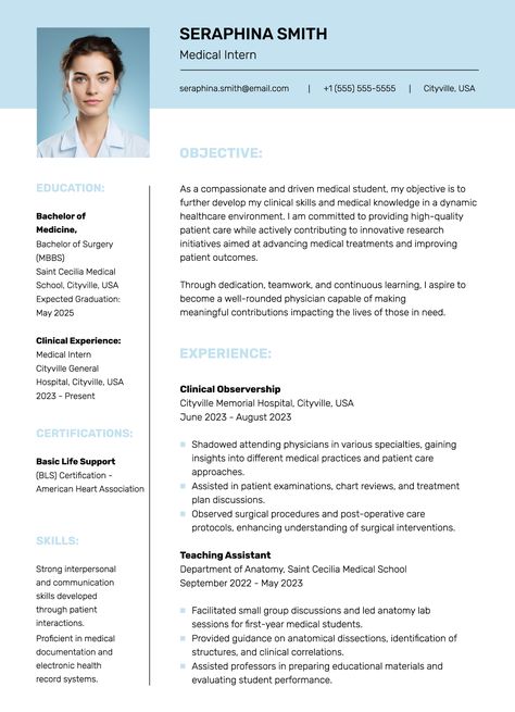 Cv Template Student, Student Cv, Medical Intern, Canva Resume Template, Teen Resume, Resume Template Creative, Resume Template Download, Job Resume Format, Online Cv