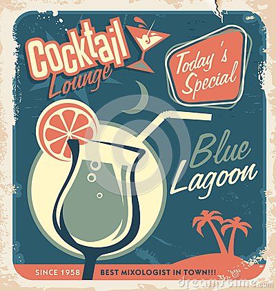 Promotional retro poster design for cocktail bar Retro Poster Design, Blue Lagoon Cocktail, Cocktail Bar Design, Retro Style Posters, Popular Cocktails, Bar Poster, Retro Bar, Cocktails Bar, Drink Signs