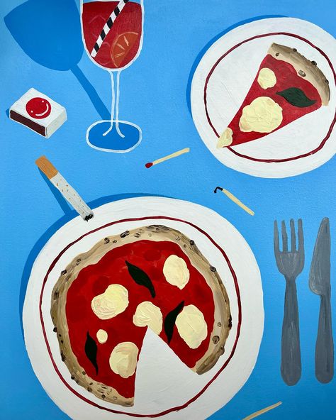 Naples pizza stole my heart 💔 pizza, aperol spritz & darts 🚬 325€ + shipping (& vat in eu) 40x50 cm Acrylic on cotton Sold to the first to comment ‘SOLD’ #painting #stilllife #stilllifepainting #foodart#pizza #aperolspritz #naples Aperol Painting, Pizza Painting, Naples Pizza, Heart Pizza, Simple Wall Art, Aperol Spritz, Office Art, Still Life Painting, Design Templates