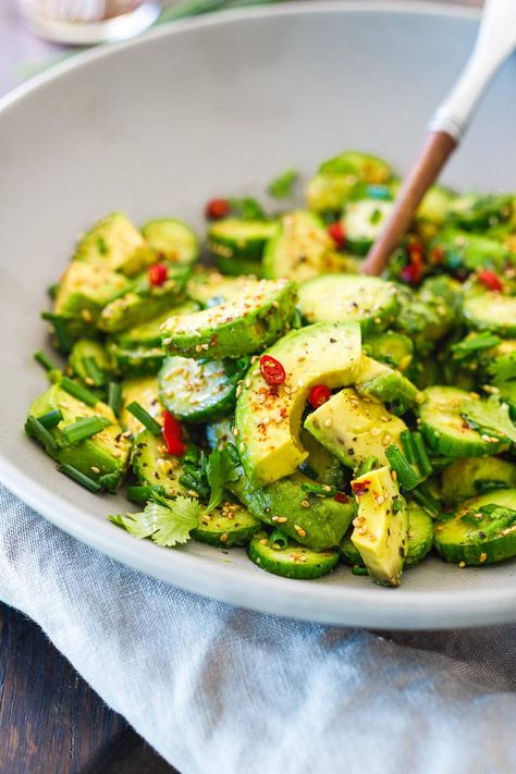 This avocado salad recipe is incredibly flavorful! It's made with creamy, ripe avocados, crisp cucumbers, scallions, sesame seeds, and cilantro in a Japanese-style dressing. It's a delicious side salad any time of year! Vegan. Japanese Cucumber Salad Recipe, Asian Avocado, Cucumber And Avocado Salad, Avocado Salads, Japanese Cucumber Salad, Avocado And Cucumber, Cucumber Avocado Salad, Healthy Asian Recipes, Avocado Cucumber