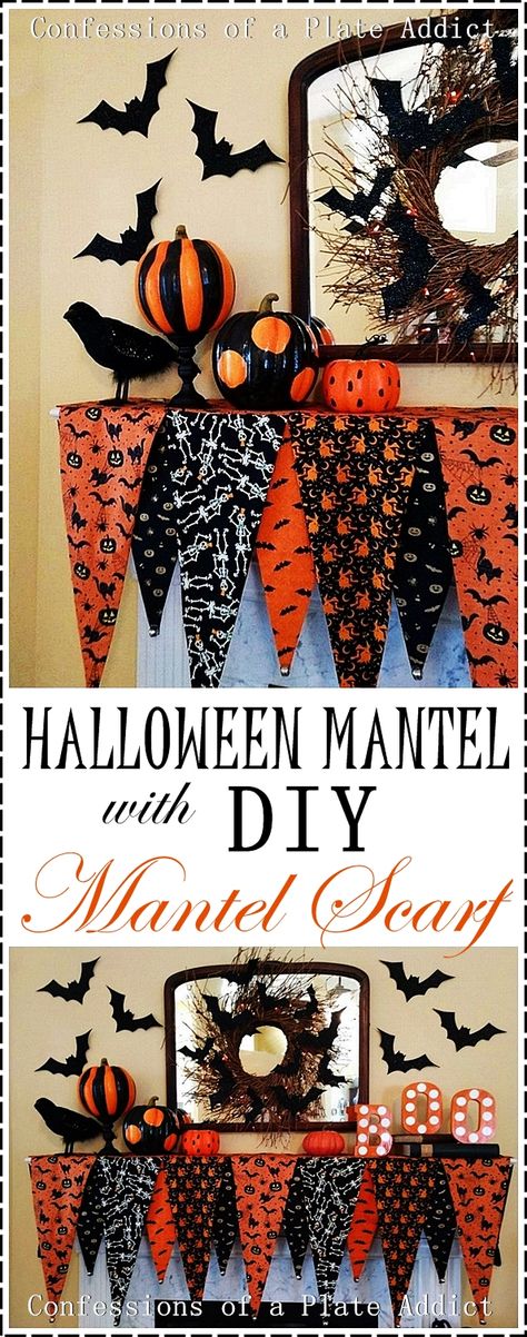 Diy Halloween Mantel Decorations, Halloween Fabric Decorations, Fireplace Mantel Scarves, Halloween Mantle Scarf, Diy Halloween Table Runner, Halloween Sewing Decorations, Easy Sewing Projects Halloween, Halloween Diy Sewing Ideas, Vintage Halloween Fabric