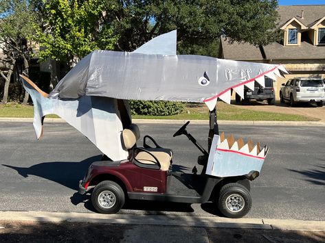 Shark Golf Cart, Pirate Golf Cart Decorations, Golf Cart Decorating Ideas, Golf Cart Parade, Golf Cart Decorations, Parade Ideas, Halloween Camping, Camp Lake, Cart Ideas