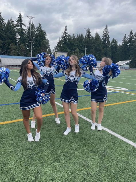 Cheer Outfit Aesthetic, Cheer Pics Aesthetic, Blue Cheerleader Aesthetic, Cheerleading Outfits High School, Cheer Uniform Aesthetic, Blonde Cheerleader Aesthetic, Highschool Cheer Uniforms, Cheerleader Aesthetic Outfit, Cheer Girl Aesthetic