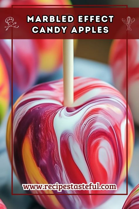 Create visually stunning marbled effect candy apples that combine sweet, crisp apples with a vibrant candy coating. Perfect for parties, holidays, or a fun treat! Lollipop Sticks, Fun Treats, Apple Crisp, Candy Apples, Wholesome Food, Corn Syrup, Homemade Recipes, Apples, Food To Make