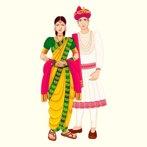 Marathi Couple, Bride Cartoon, Groom Cartoon, Line Art Lesson, Bride And Groom Cartoon, Wedding Couple Cartoon, Marathi Bride, Hindu Wedding Cards, Indian Wedding Bride